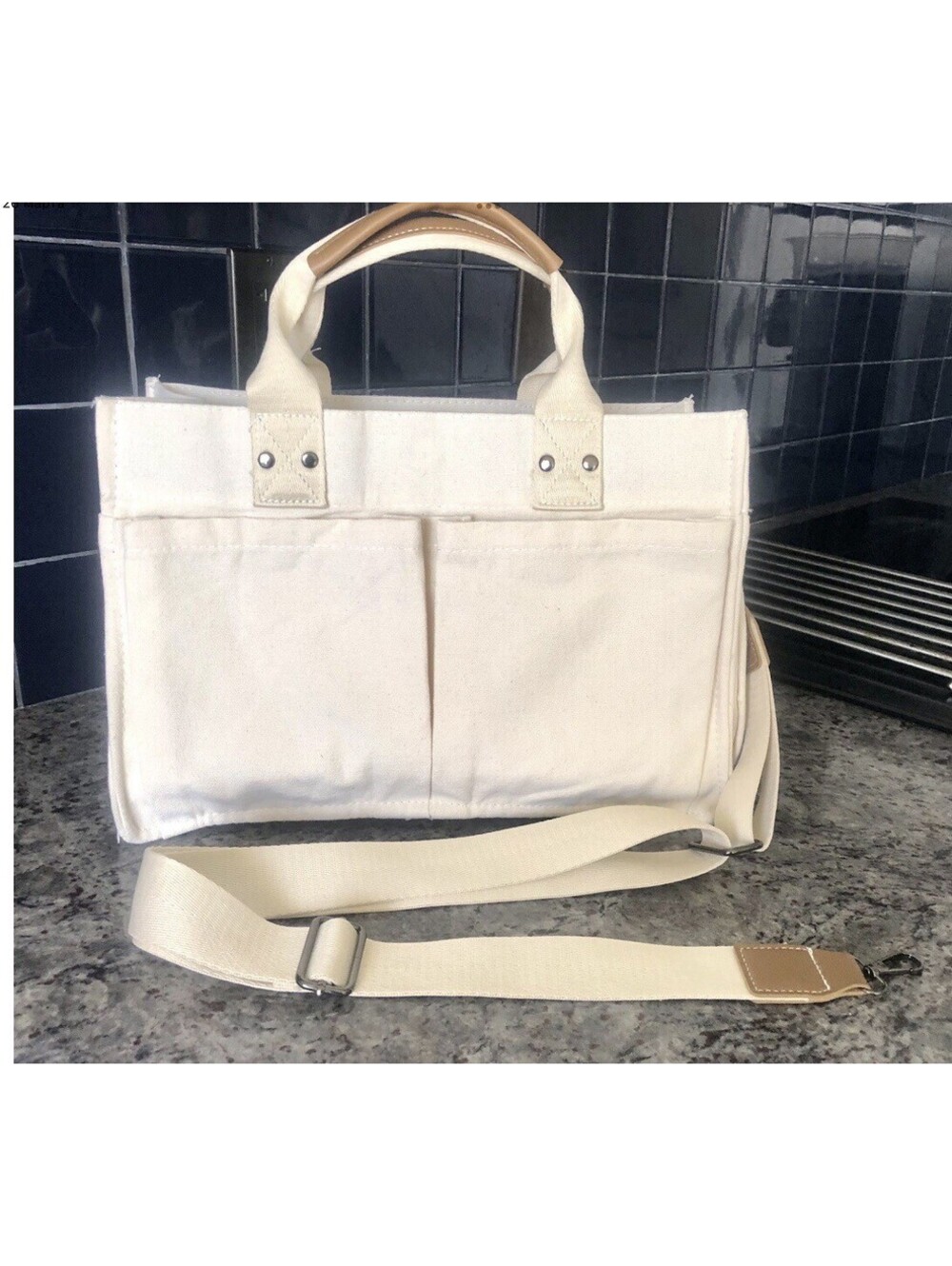 Multi Pocket Ivory Canvas Casual Women’s Tote Bag/Additional Strap Large NWOT
